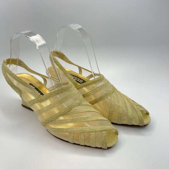 Adesso Gold Linen and Mesh Heeled Sandals Sz 9 - Picture 1 of 7